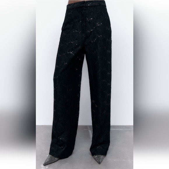 Zara * Limited Edition Black Lace Sequin High Waisted Wide Pants - Picture 4 of 14